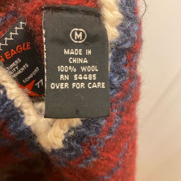 Vtg American Eagle Wool Sweater Medium Red Fisherman Mock Neck Grandpa Nordic - Picture 4 of 5